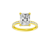 Radiant-cut diamond engagement ring with a channel-set diamond band and solitaire setting.