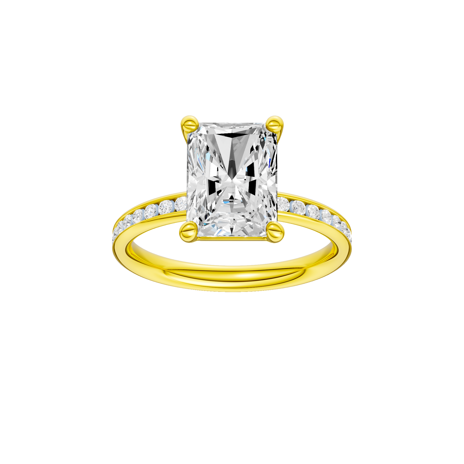 Radiant-cut diamond engagement ring with a channel-set diamond band and solitaire setting.