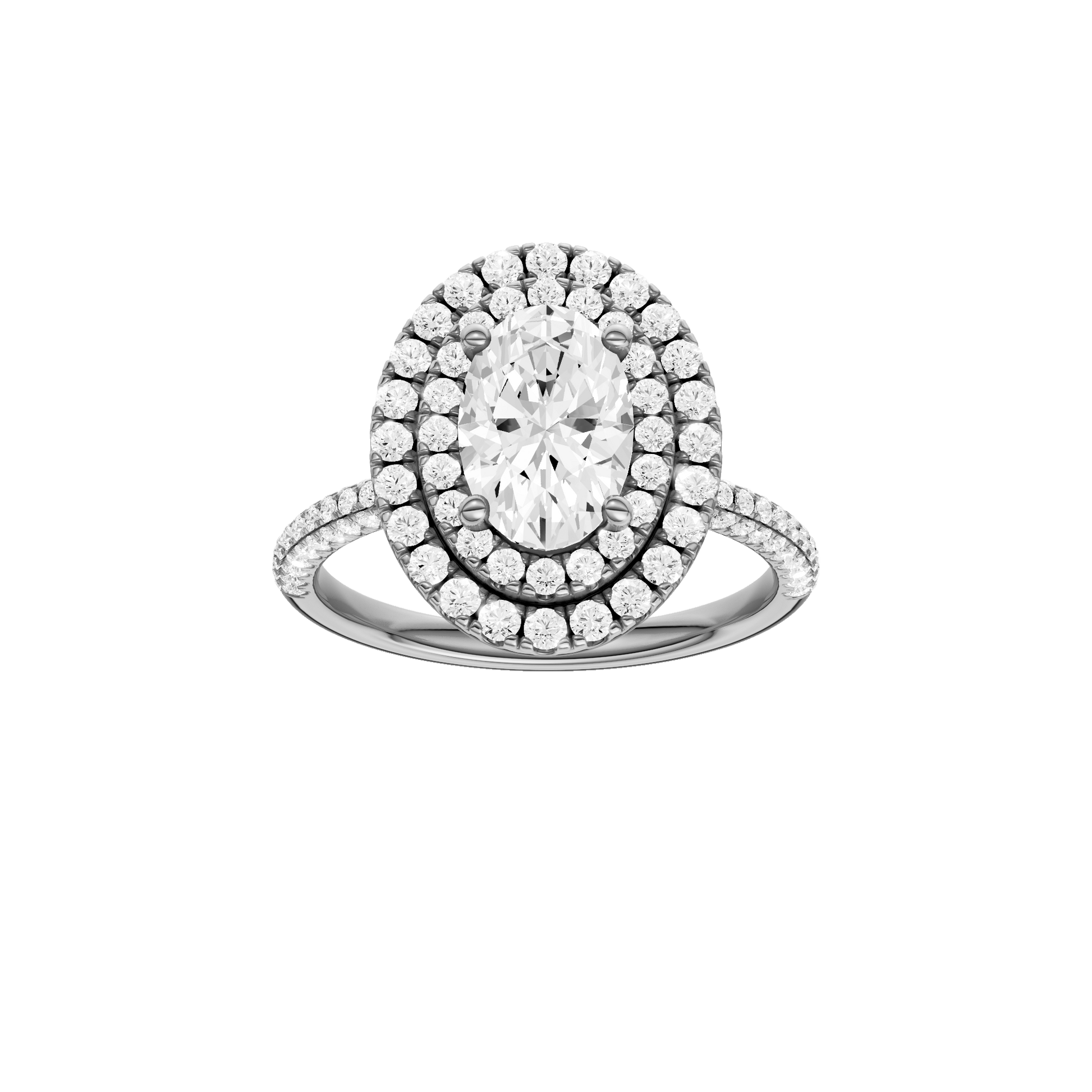Oval-cut diamond engagement ring with a pavé-set diamond band and double-halo setting.
