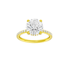 Round-cut diamond engagement ring with a prong-set diamond band and hidden-halo setting.