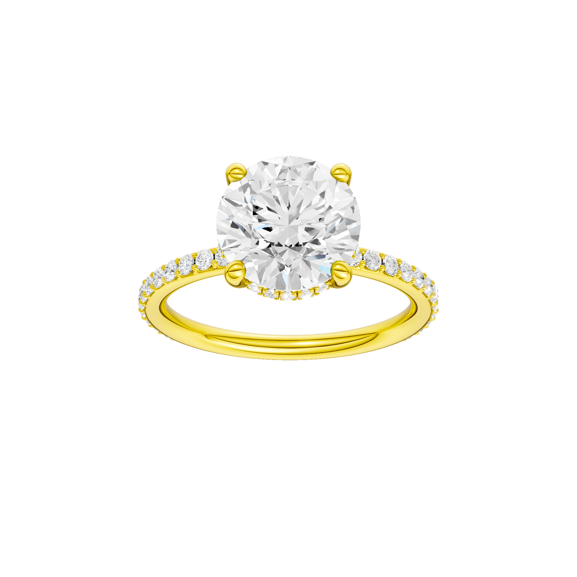 Round-cut diamond engagement ring with a prong-set diamond band and hidden-halo setting.
