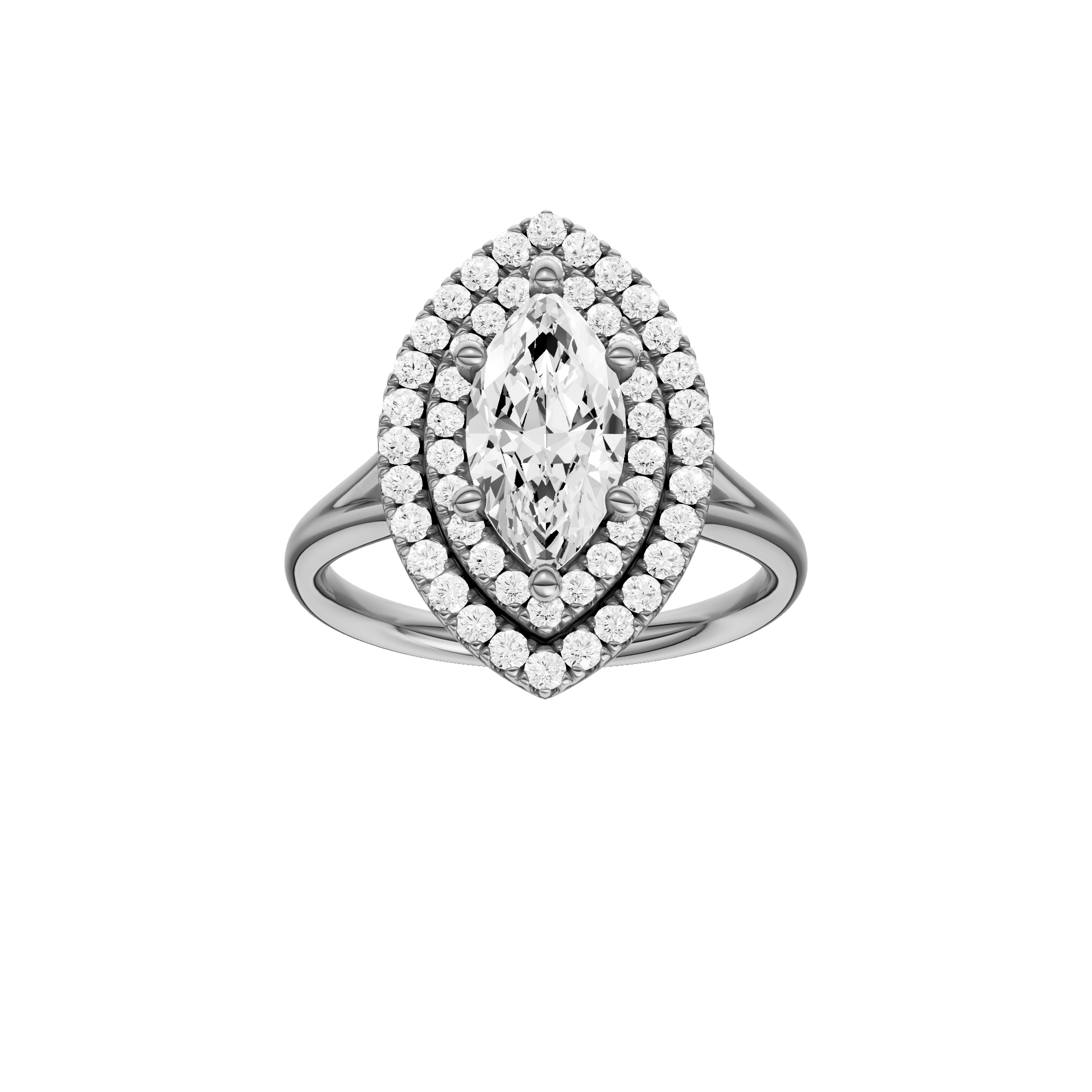 Marquise-cut diamond engagement ring with a plain band and double-halo setting.