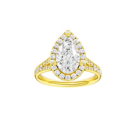 Pear-cut diamond engagement ring with a channel-set diamond band and halo setting.