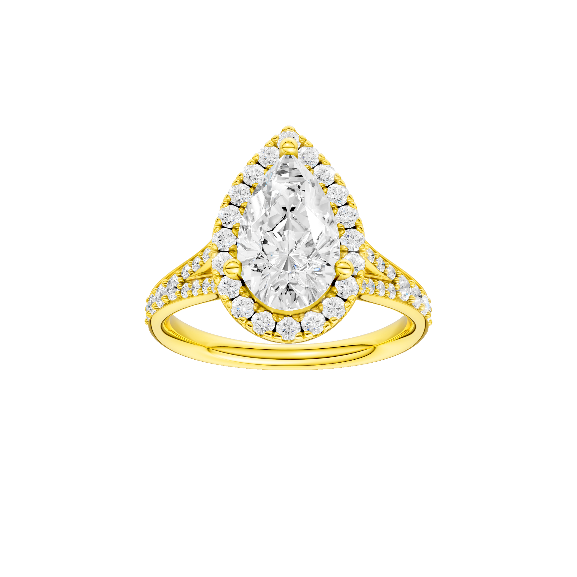 Pear-cut diamond engagement ring with a channel-set diamond band and halo setting.