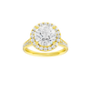 Round-cut diamond engagement ring with a channel-set diamond band and halo setting.