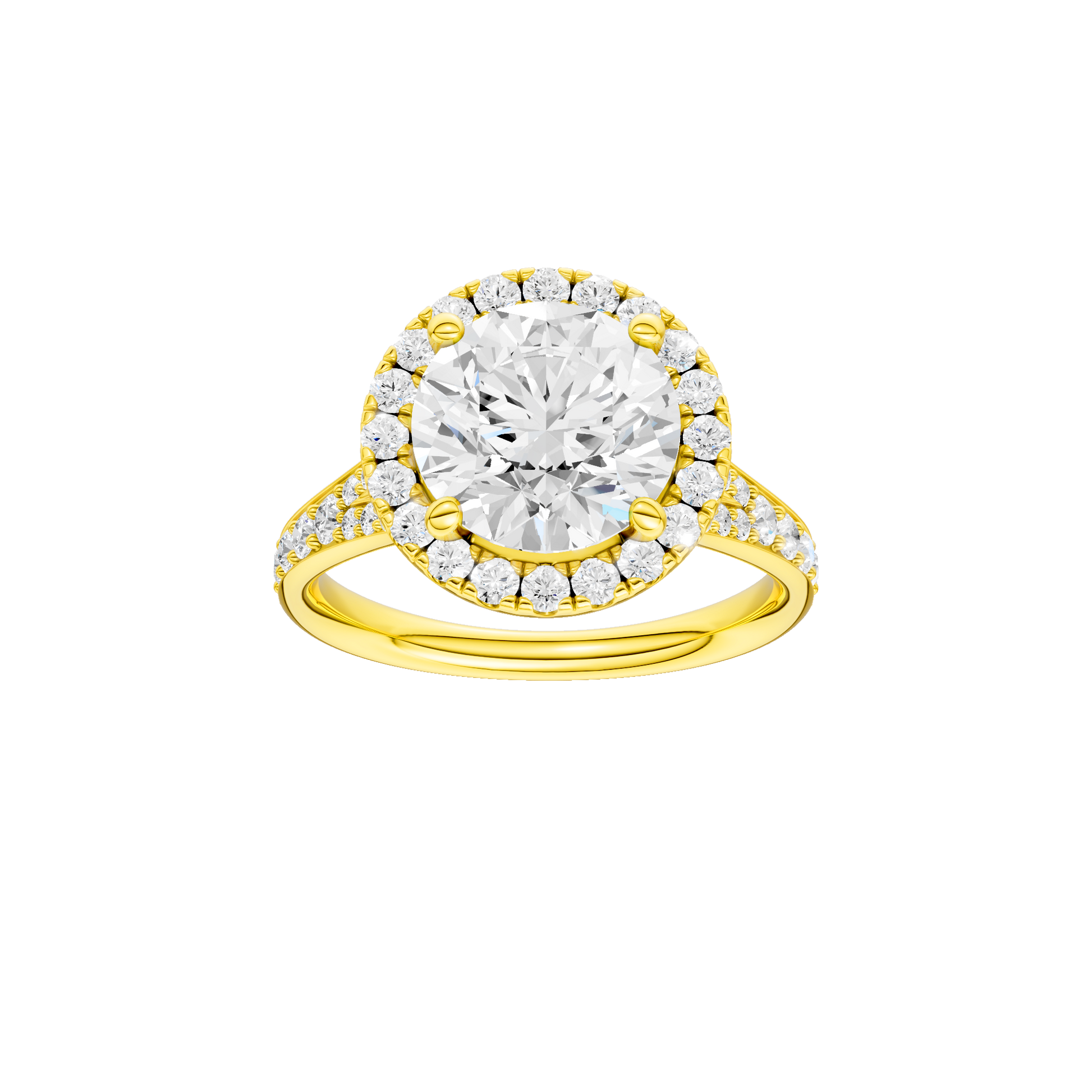 Round-cut diamond engagement ring with a channel-set diamond band and halo setting.