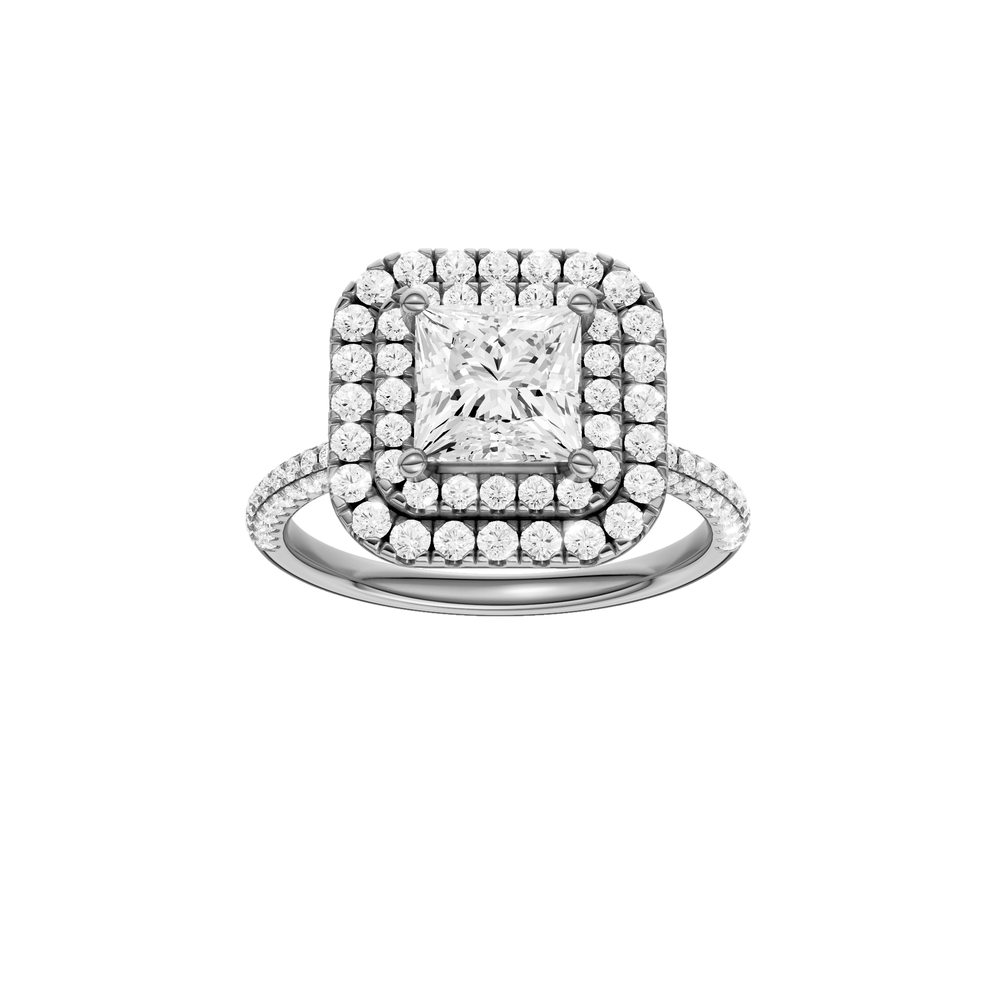Princess-cut diamond engagement ring with a pavé-set diamond band and double-halo setting.