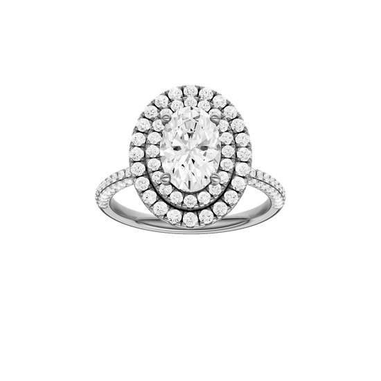 Oval-cut diamond engagement ring with a pavé-set diamond band and double-halo setting.