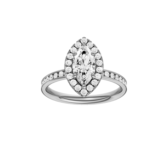 Marquise-cut diamond engagement ring with a channel-set diamond band and halo setting.