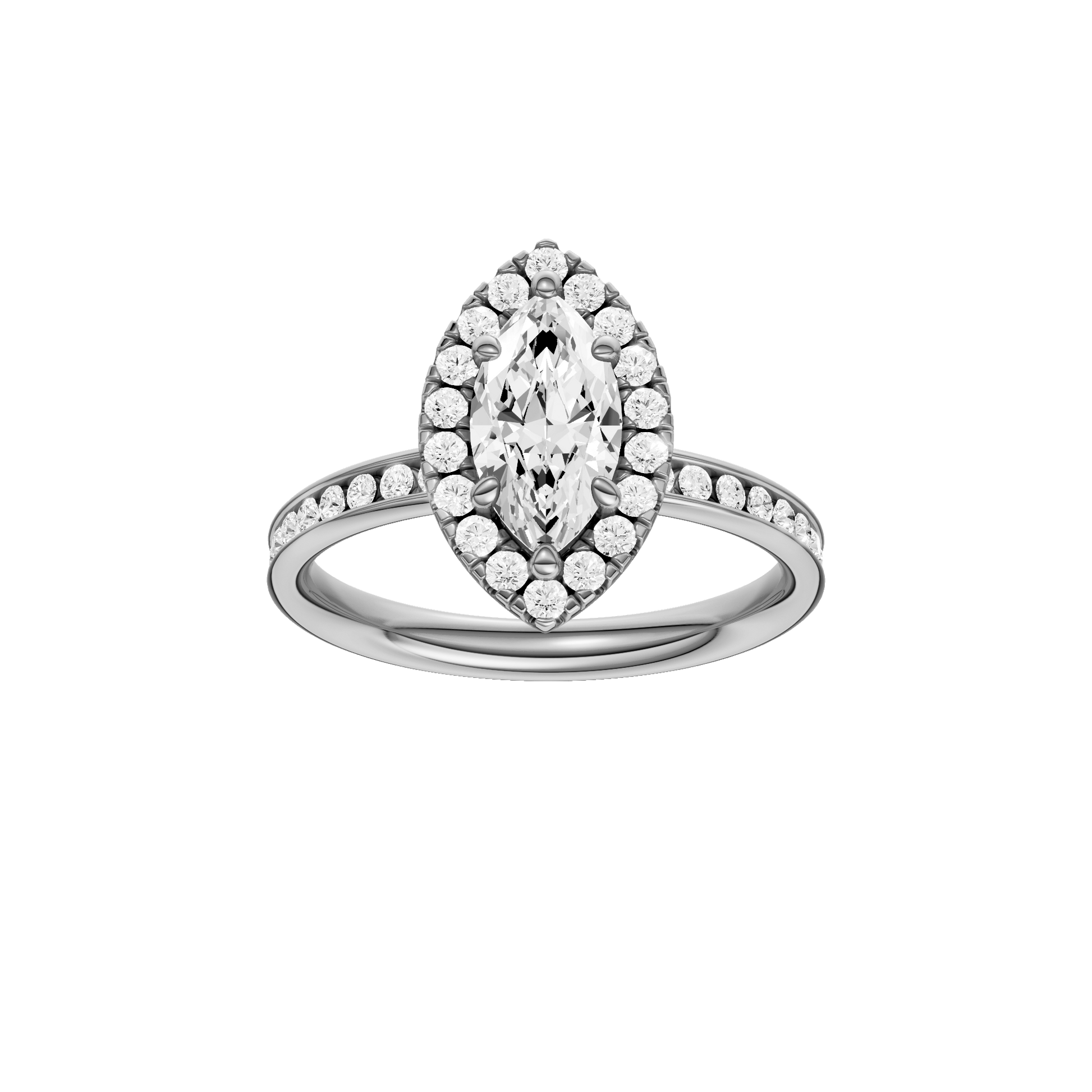Marquise-cut diamond engagement ring with a channel-set diamond band and halo setting.