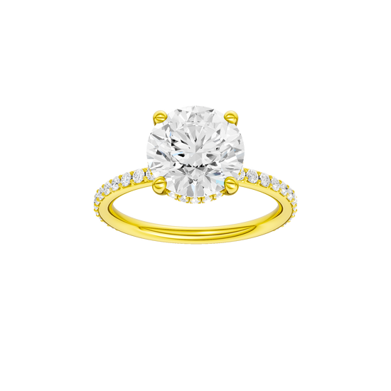 Round-cut diamond engagement ring with a prong-set diamond band and hidden-halo setting.