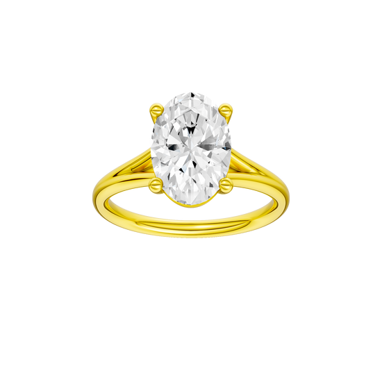 Oval-cut diamond engagement ring with a plain band and solitaire setting.