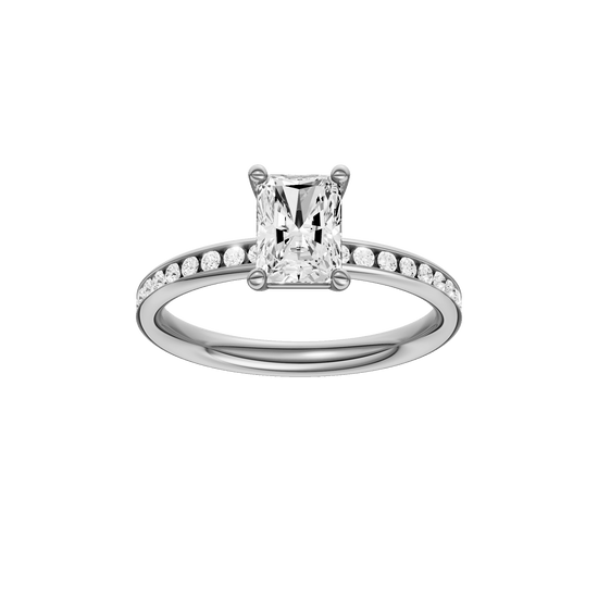 Radiant-cut diamond engagement ring with a channel-set diamond band and solitaire setting.
