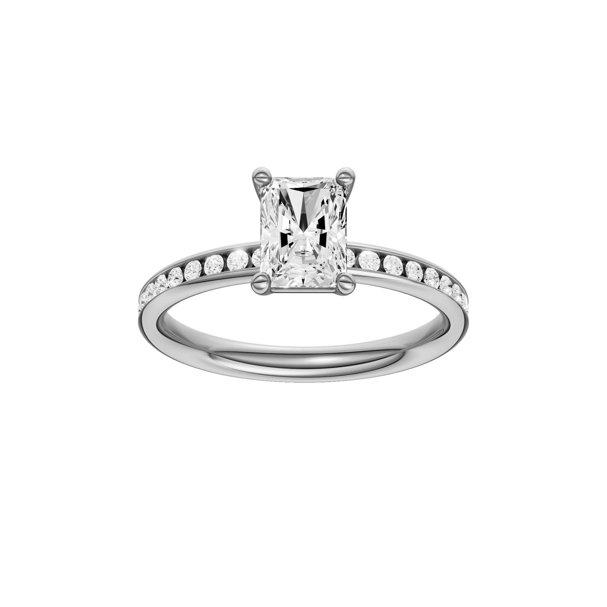 Radiant-cut diamond engagement ring with a channel-set diamond band and solitaire setting.
