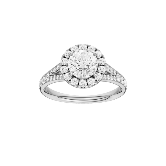 Round-cut diamond engagement ring with a channel-set diamond band and halo setting.