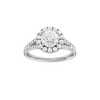 Round-cut diamond engagement ring with a channel-set diamond band and halo setting.