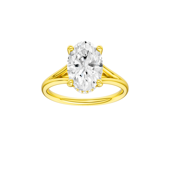 Oval-cut diamond engagement ring with a plain band and hidden-halo setting.