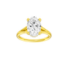 Oval-cut diamond engagement ring with a plain band and hidden-halo setting.