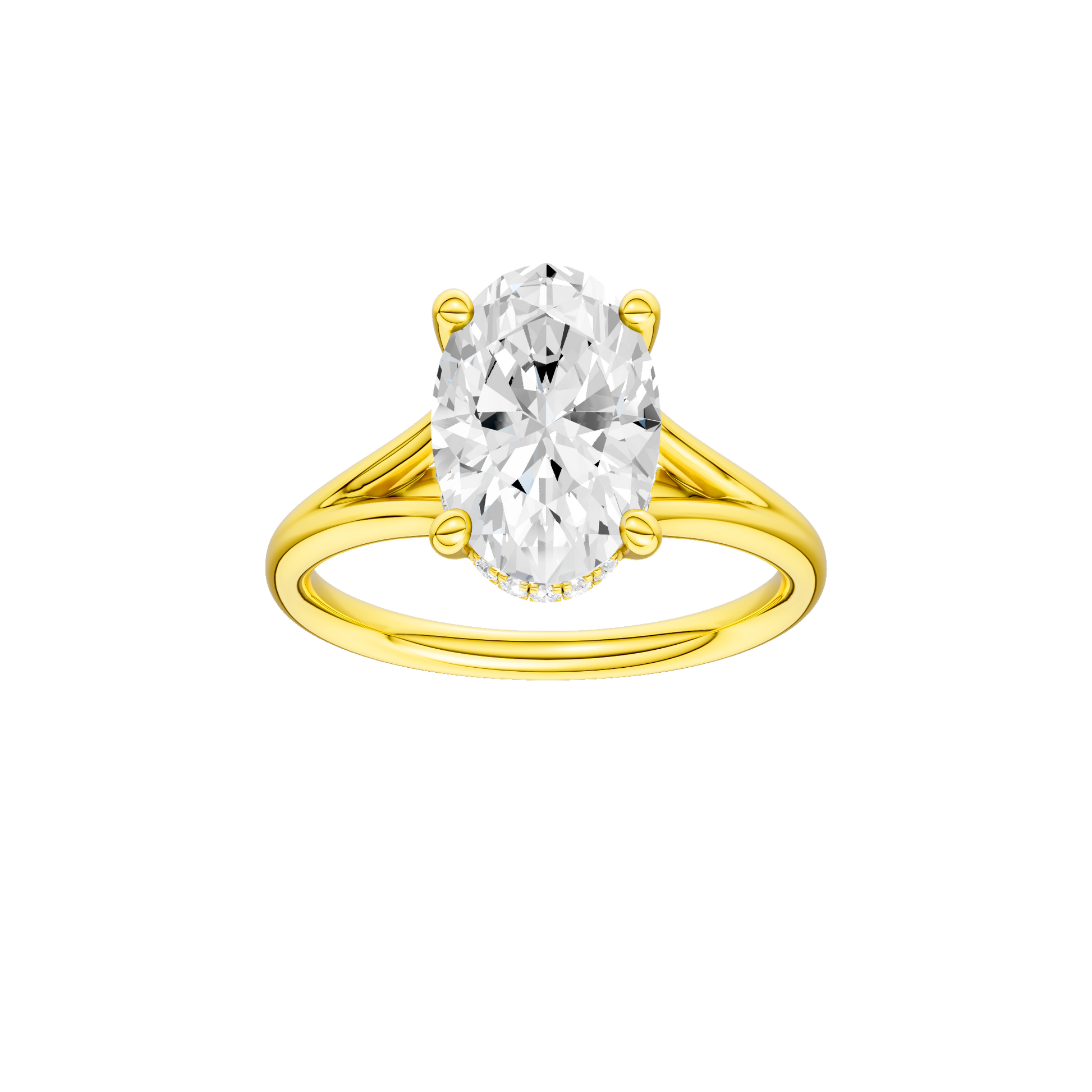 Oval-cut diamond engagement ring with a plain band and hidden-halo setting.