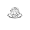 Oval-cut diamond engagement ring with a pavé-set diamond band and double-halo setting.