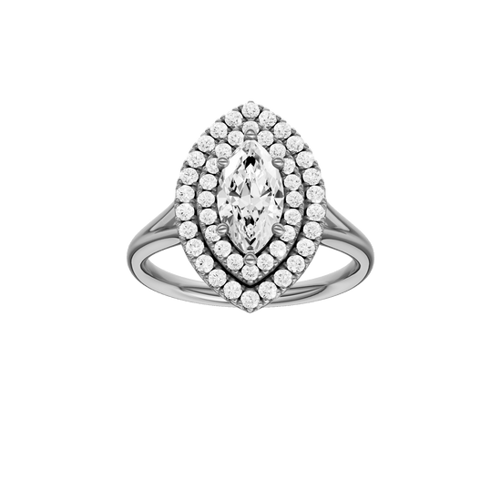 Marquise-cut diamond engagement ring with a plain band and double-halo setting.