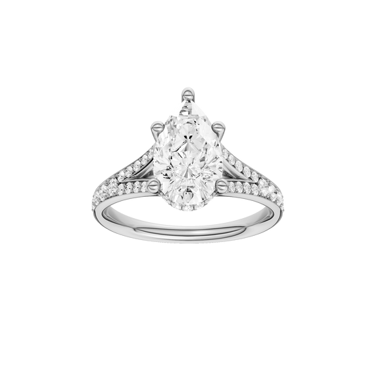 Pear-cut diamond engagement ring with a channel-set diamond band and hidden-halo setting.