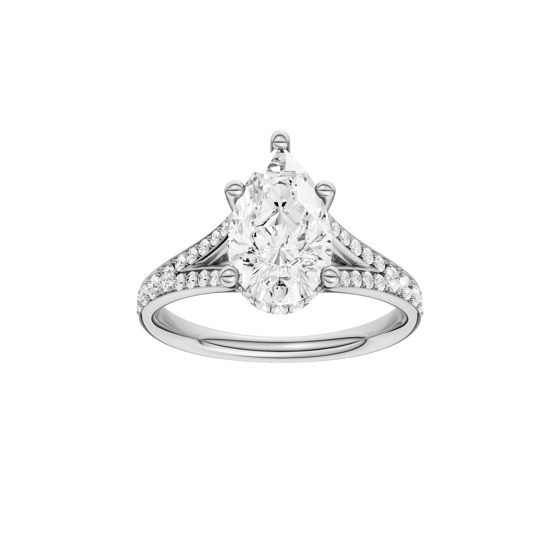 Pear-cut diamond engagement ring with a channel-set diamond band and hidden-halo setting.