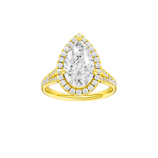 Pear-cut diamond engagement ring with a channel-set diamond band and halo setting.