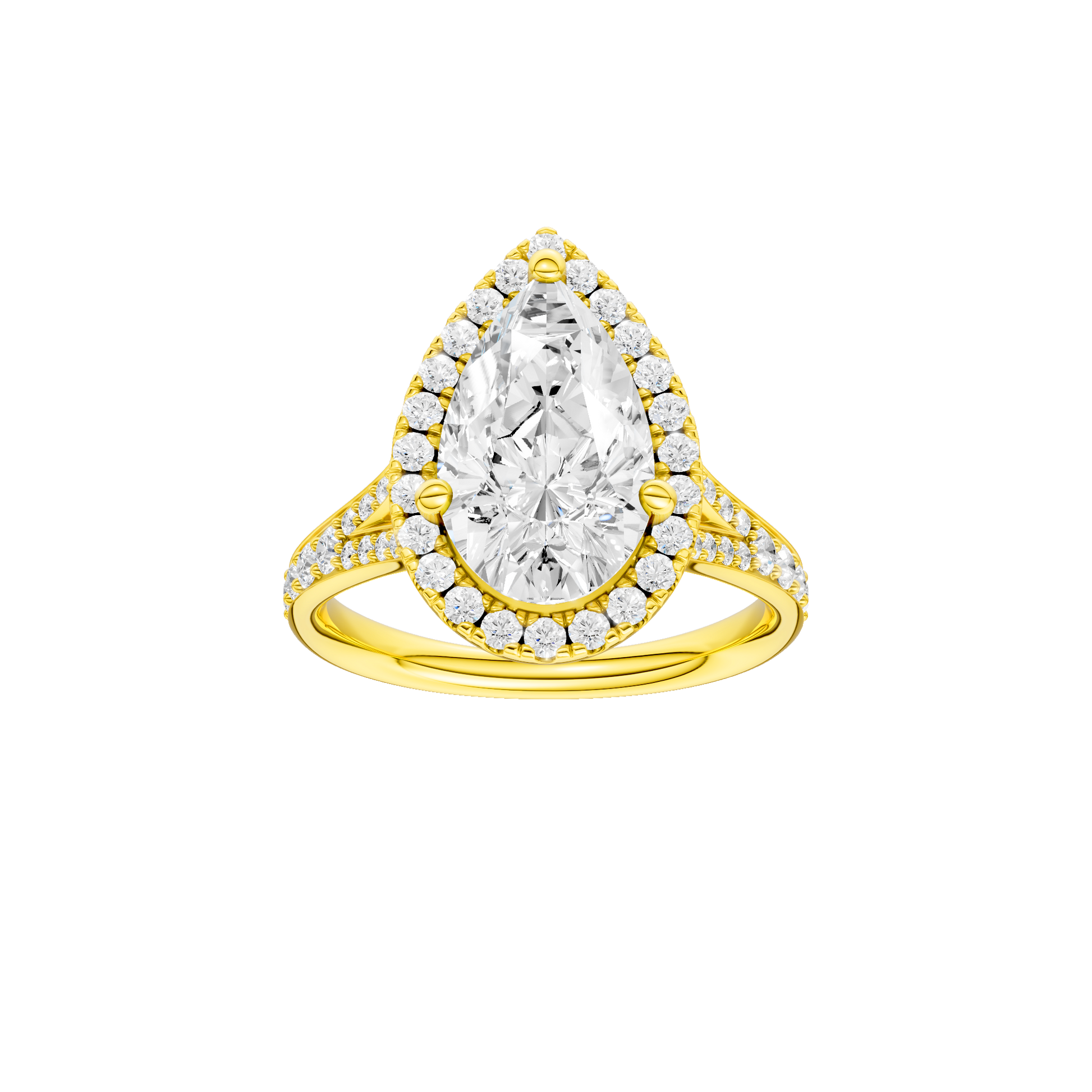Pear-cut diamond engagement ring with a channel-set diamond band and halo setting.
