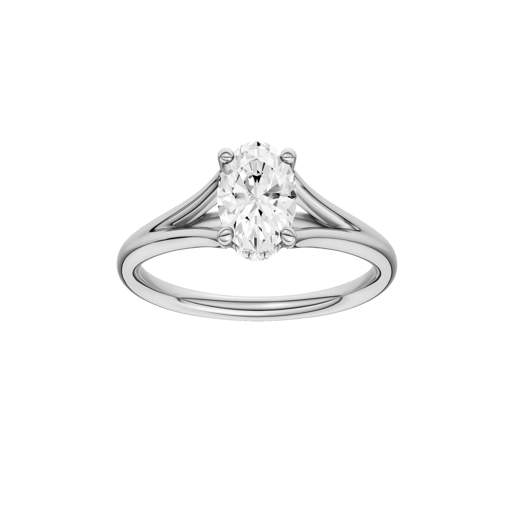 Oval-cut diamond engagement ring with a plain band and hidden-halo setting.