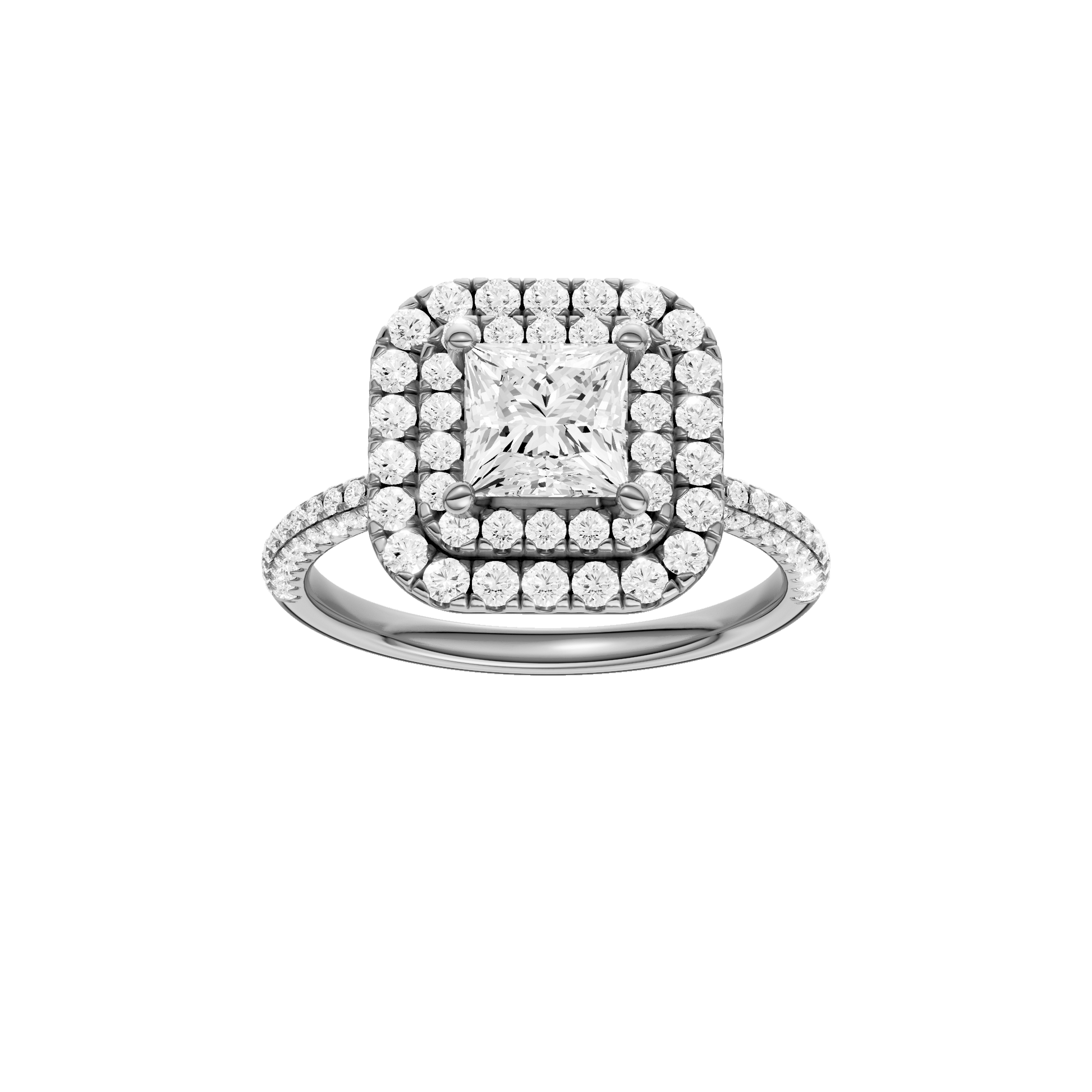 Princess-cut diamond engagement ring with a pavé-set diamond band and double-halo setting.