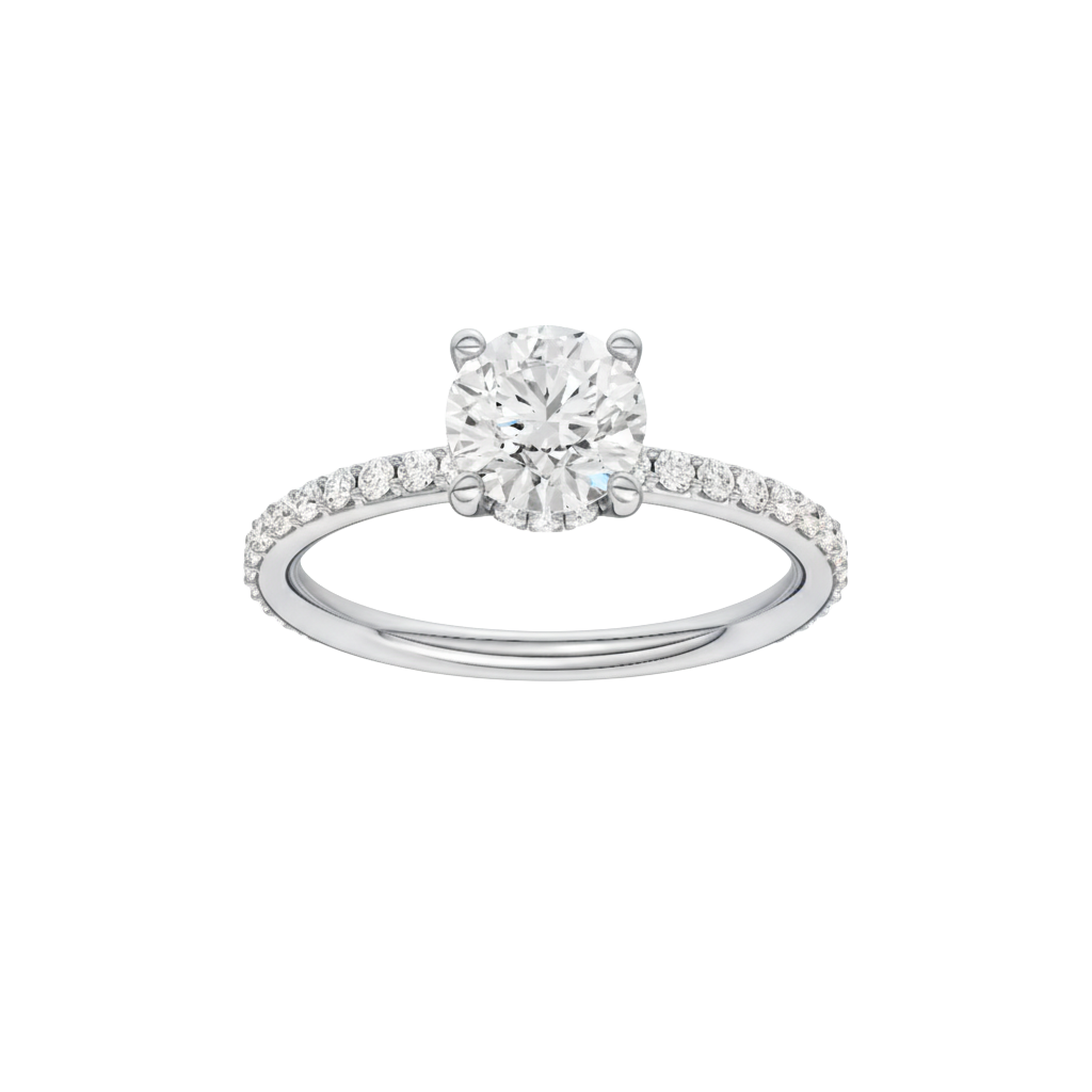 Round-cut diamond engagement ring with a prong-set diamond band and hidden-halo setting.