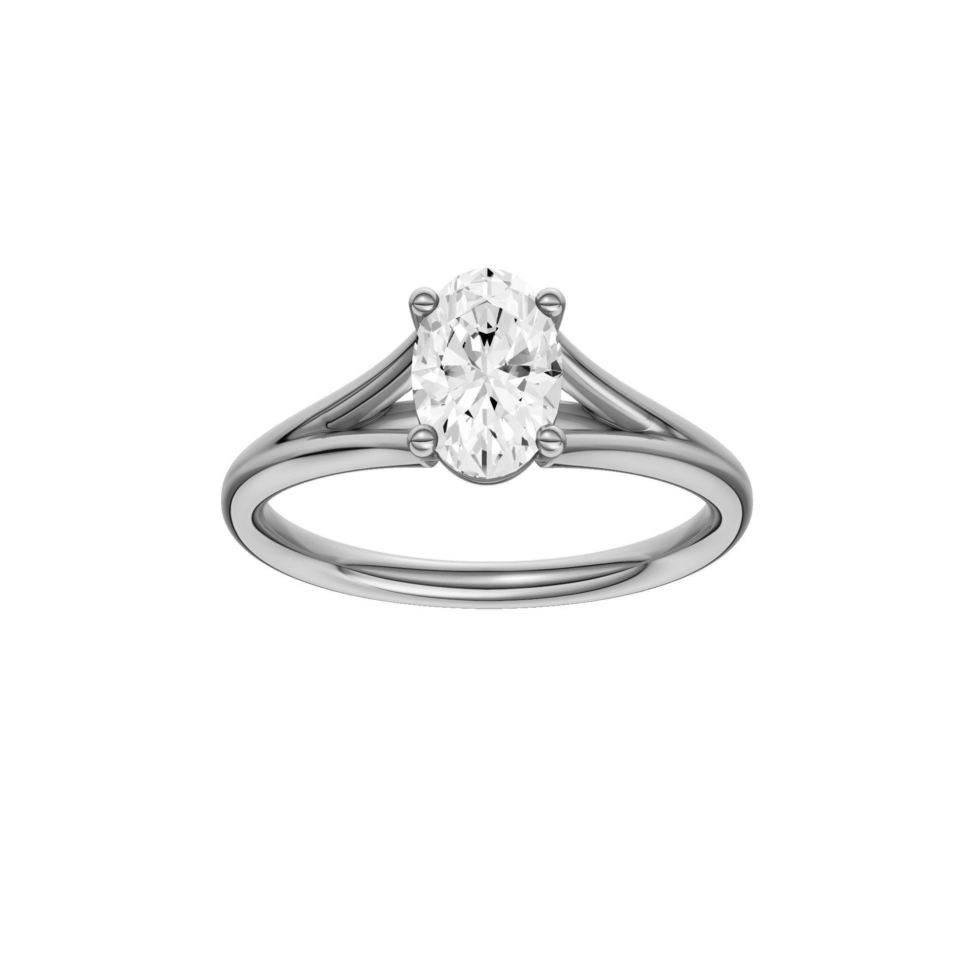 Oval-cut diamond engagement ring with a plain band and solitaire setting.