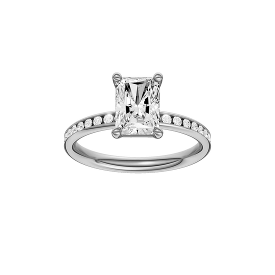 Radiant-cut diamond engagement ring with a channel-set diamond band and solitaire setting.