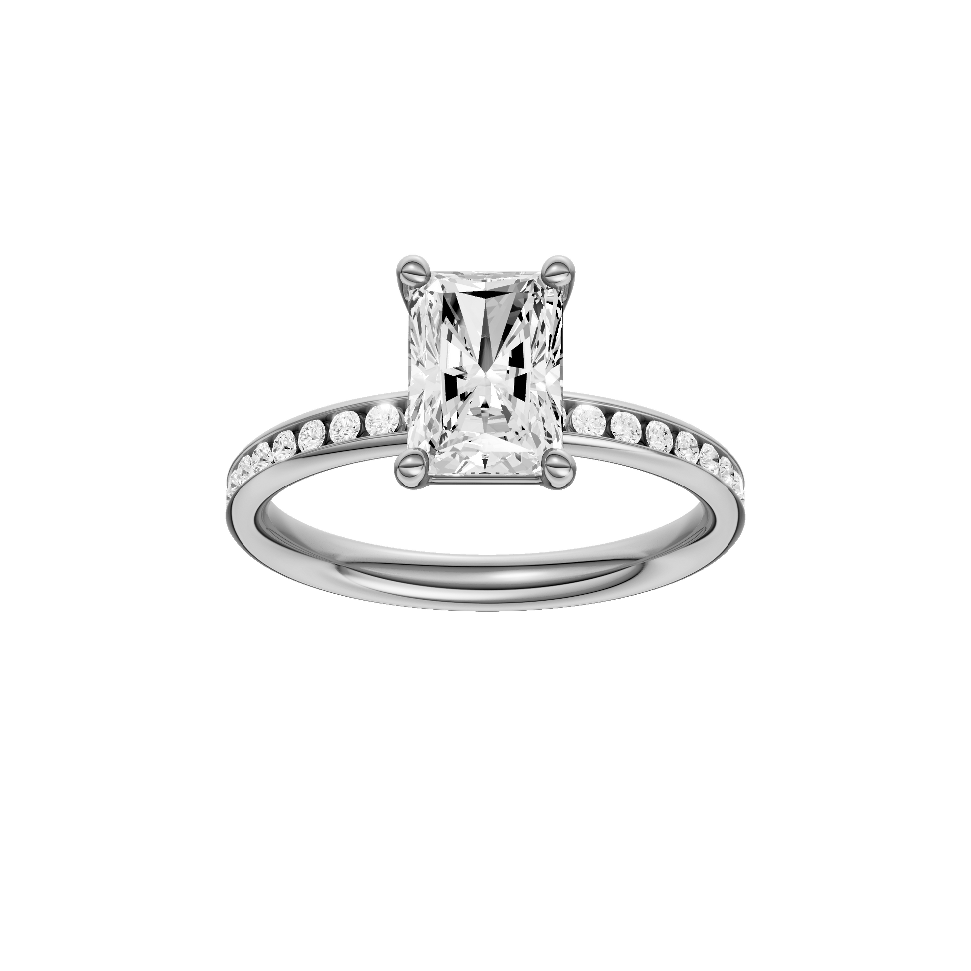 Radiant-cut diamond engagement ring with a channel-set diamond band and solitaire setting.