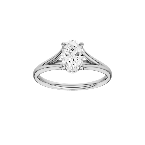 Oval-cut diamond engagement ring with a plain band and hidden-halo setting.