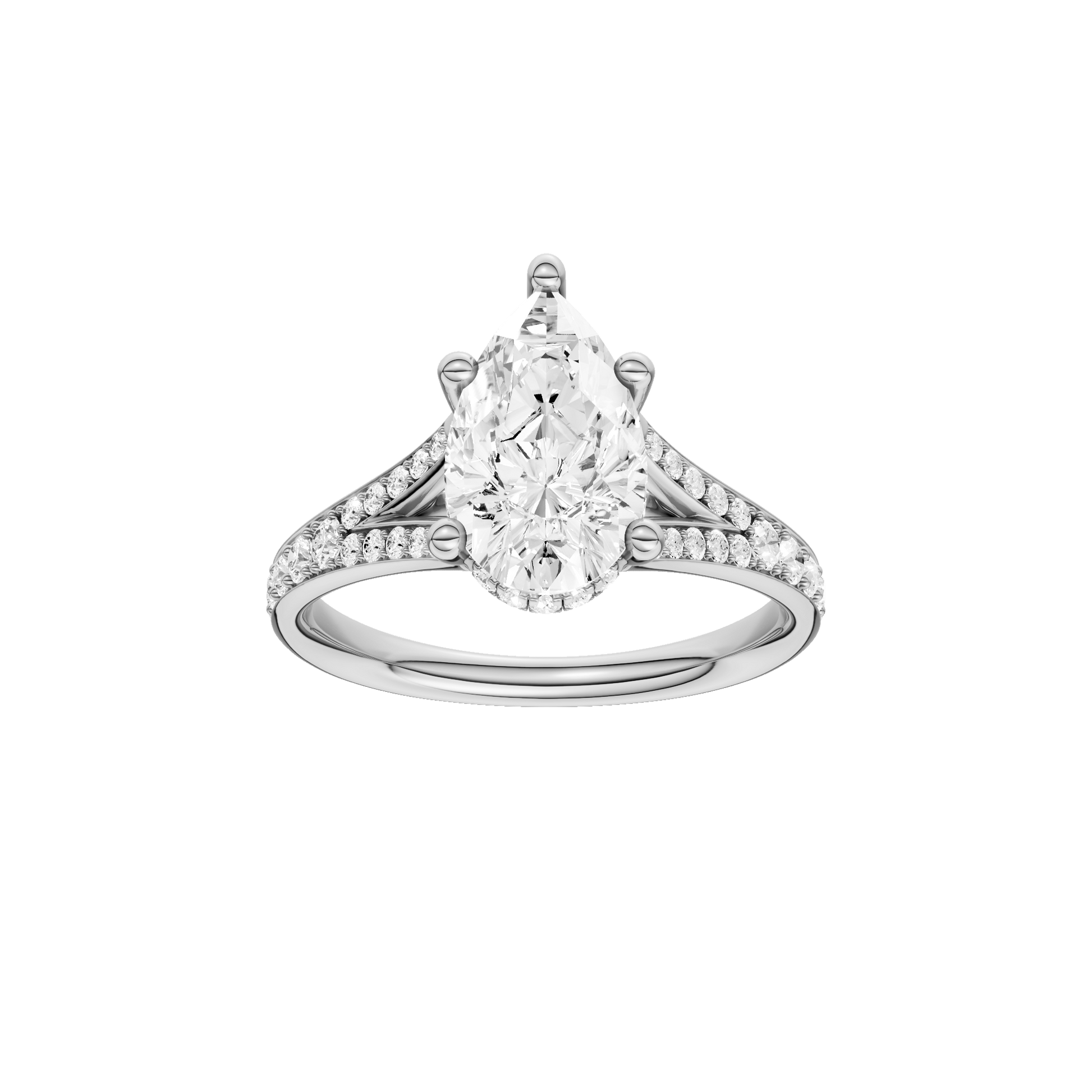 Pear-cut diamond engagement ring with a channel-set diamond band and hidden-halo setting.