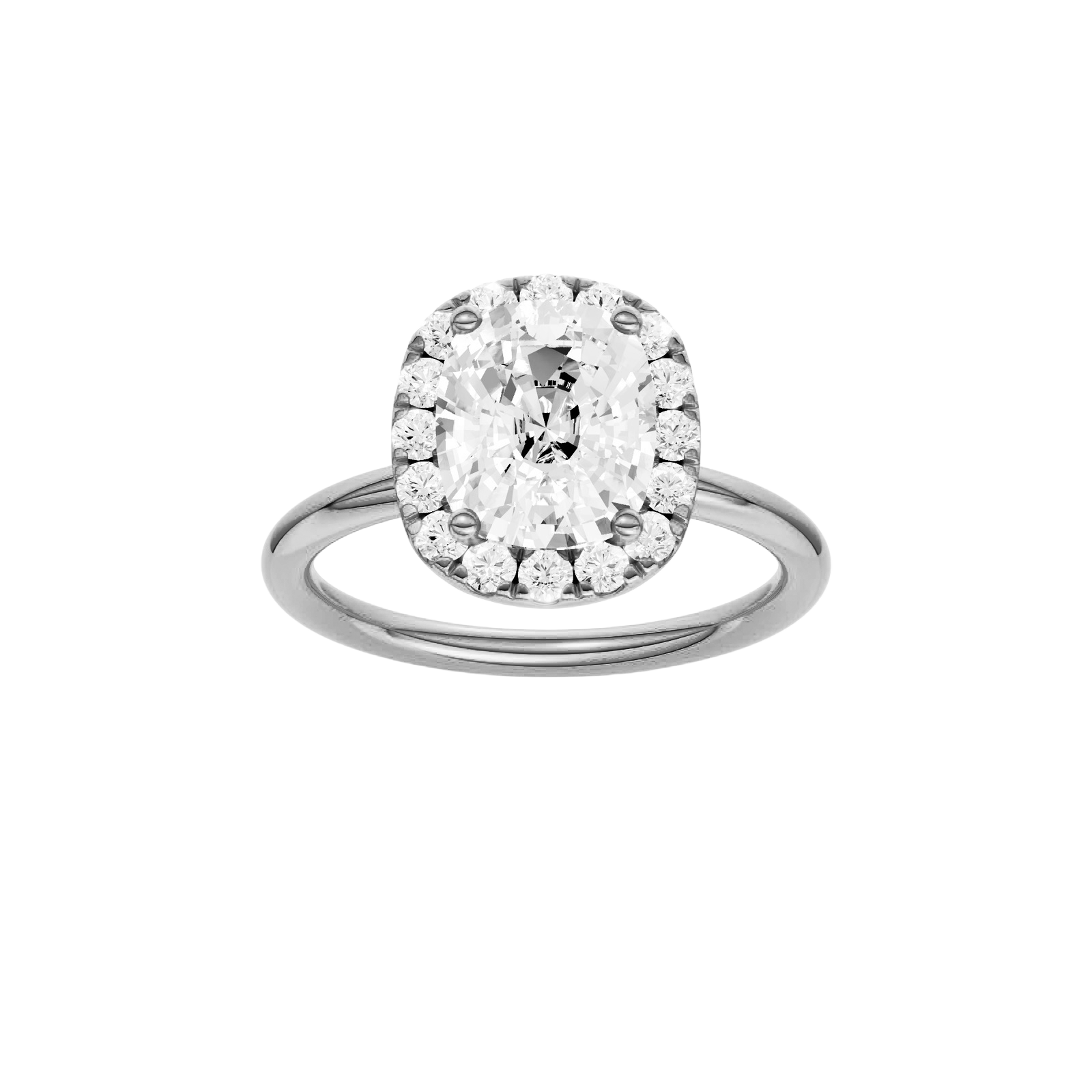 Elongated cushion-cut diamond engagement ring in 14k white gold with a plain band and halo setting