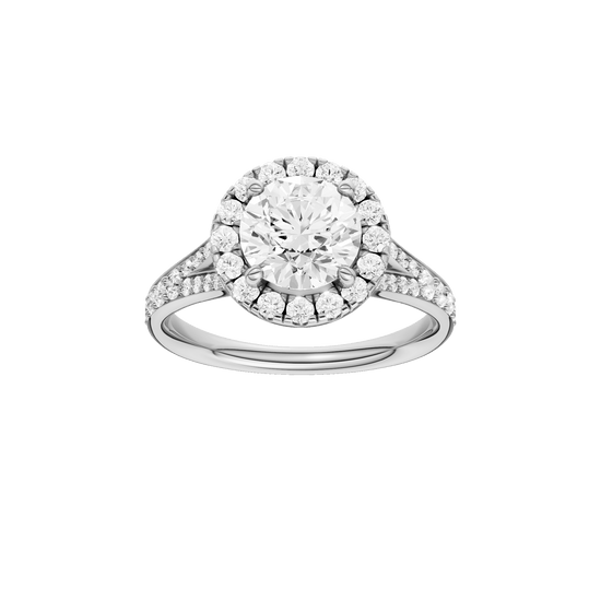 Round-cut diamond engagement ring with a channel-set diamond band and halo setting.
