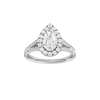 Pear-cut diamond engagement ring with a channel-set diamond band and halo setting.