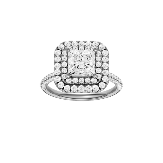 Princess-cut diamond engagement ring with a pavé-set diamond band and double-halo setting.