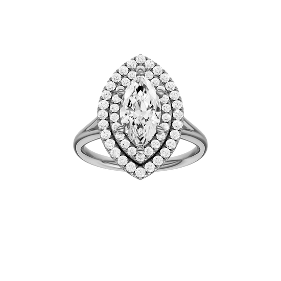 Marquise-cut diamond engagement ring with a plain band and double-halo setting.