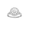Round-cut diamond engagement ring with a channel-set diamond band and halo setting.
