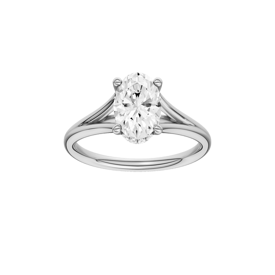 Oval-cut diamond engagement ring with a plain band and hidden-halo setting.