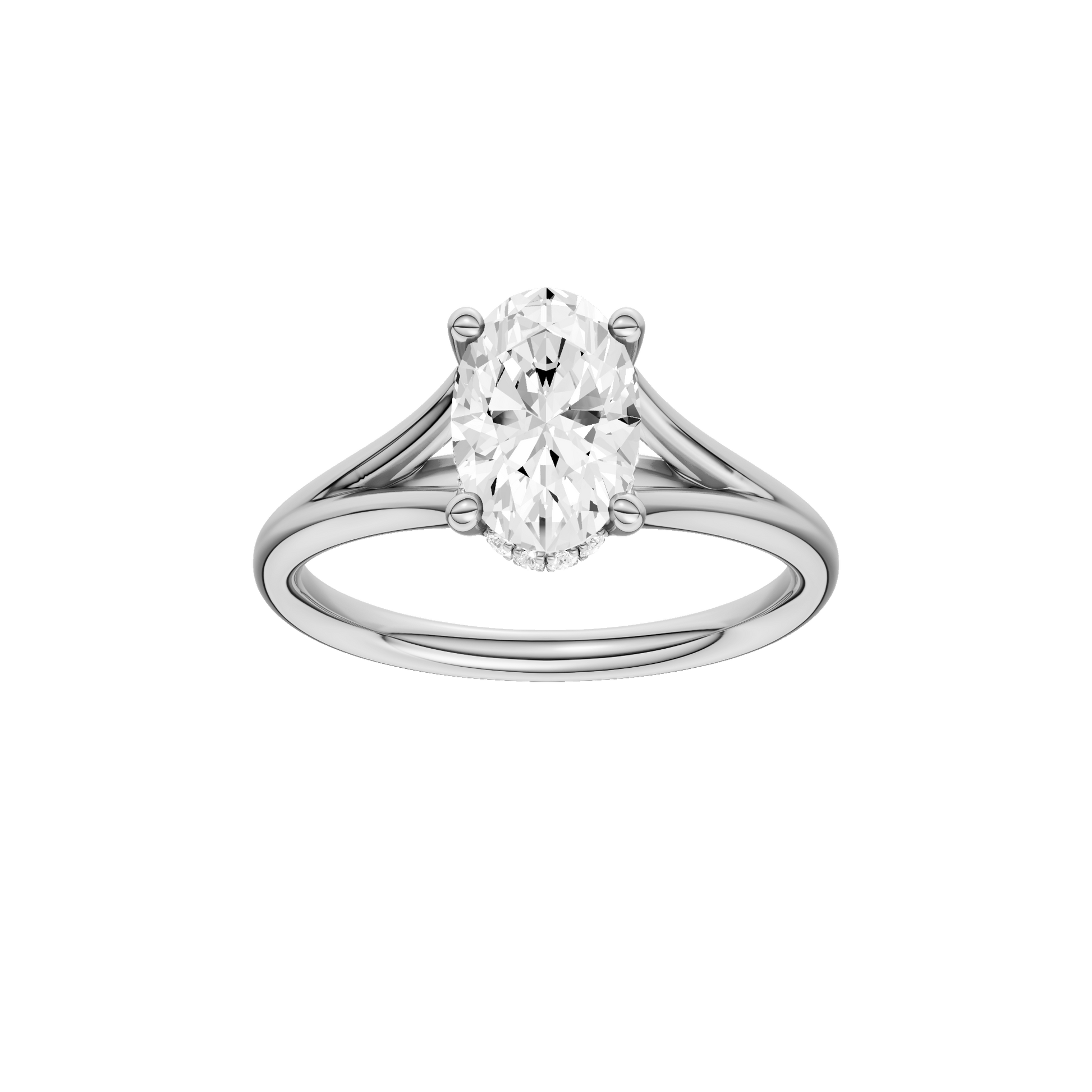 Oval-cut diamond engagement ring with a plain band and hidden-halo setting.