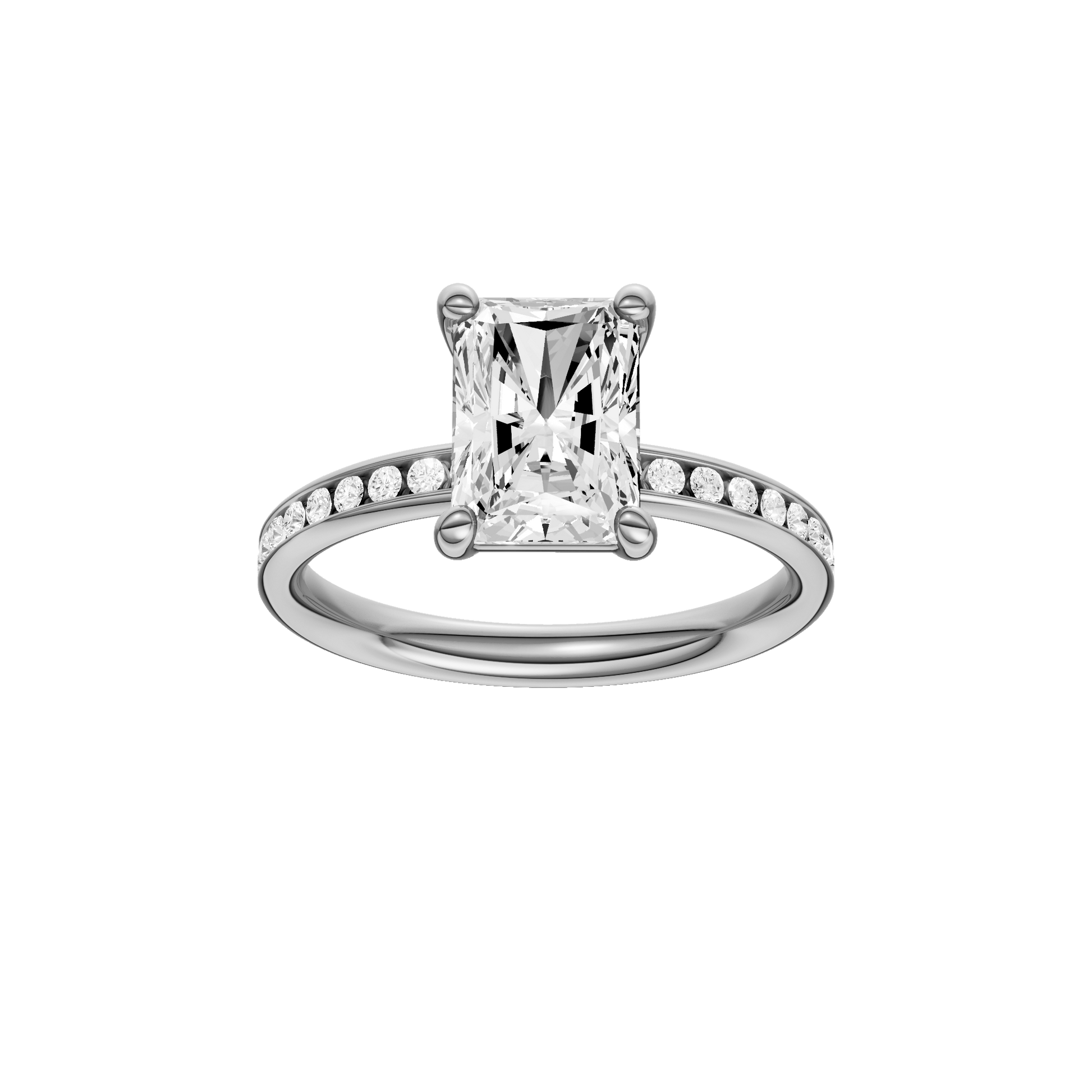 Radiant-cut diamond engagement ring with a channel-set diamond band and solitaire setting.