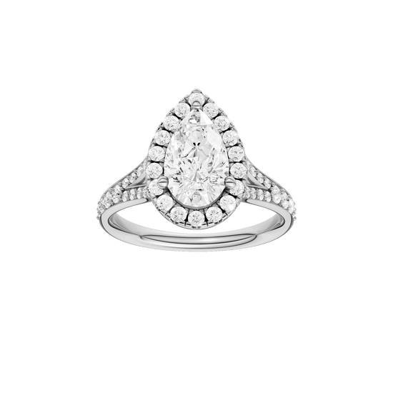 Pear-cut diamond engagement ring with a channel-set diamond band and halo setting.