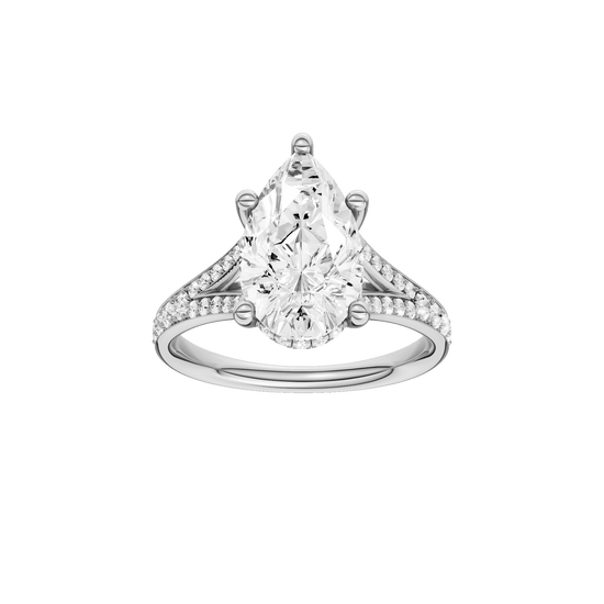 Pear-cut diamond engagement ring with a channel-set diamond band and hidden-halo setting.