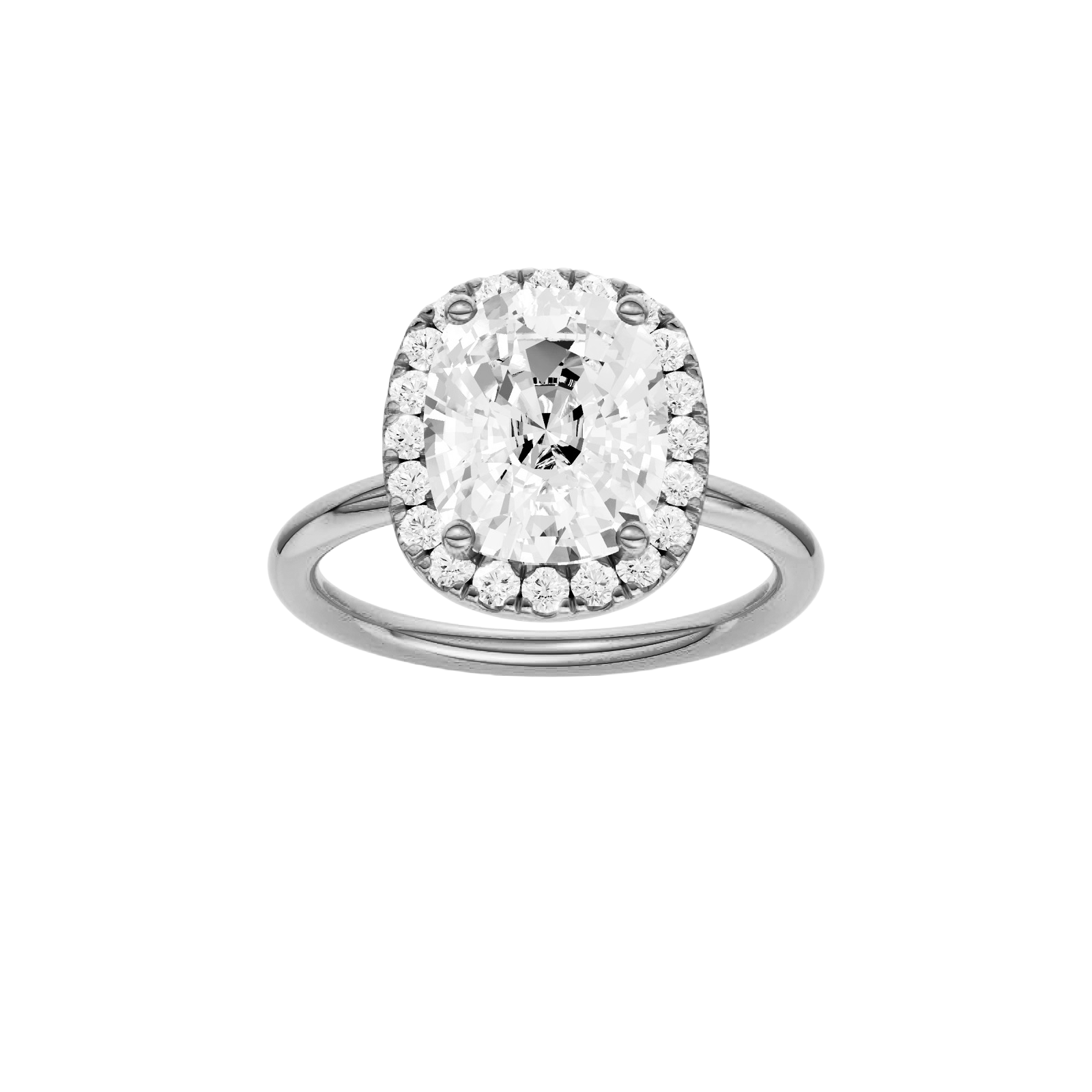 Elongated cushion-cut diamond engagement ring in 14k white gold with a plain band and halo setting