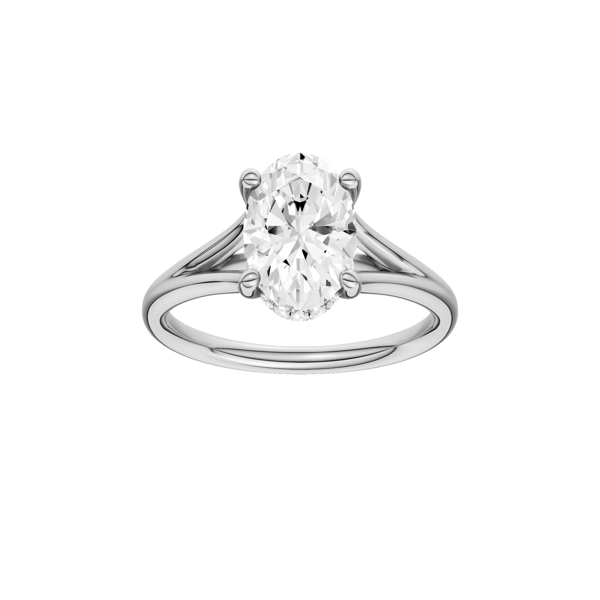 Oval-cut diamond engagement ring with a plain band and hidden-halo setting.